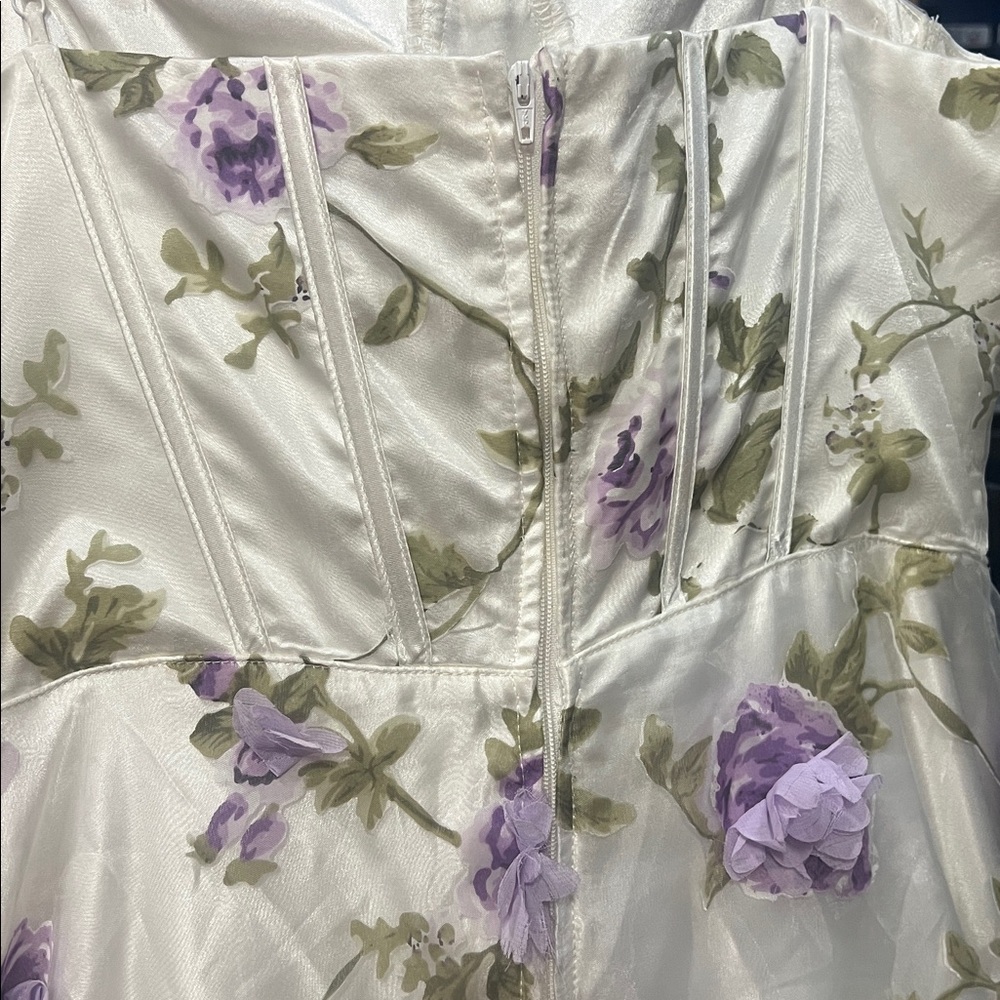 Floral Spaghetti-Strap Evening Gown - White with Lavender Flowers - Picture 6 of 8